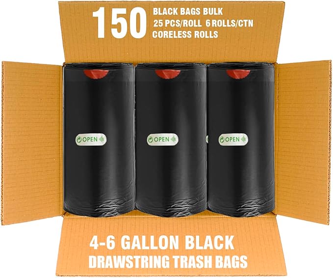 BEIDOU-PAC 4-6 Gallon Trash Bags Drawstring, 150 Count Bulk Value Pack, Black & Unscented Multi-purpose Garbage Bags for Business Home Bathroom Kitchen Commercial and Industrial