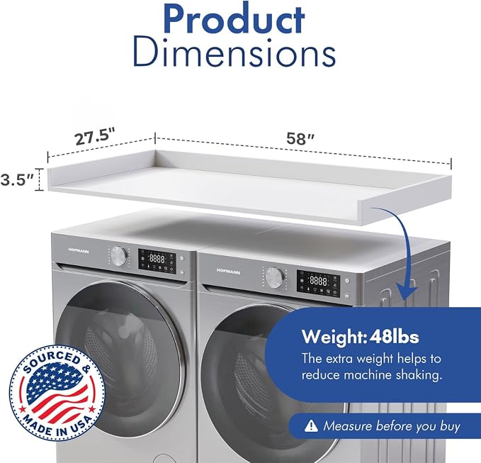 OfficeSimpli Washer Dryer Countertop, Made in USA, Non-Slip Pads, Laundry Room Wood Topper, Washer Dryer Cover for Top, Laundry Countertop, Laminate Finish (Glacier White, Large (27.5" x 58"))
