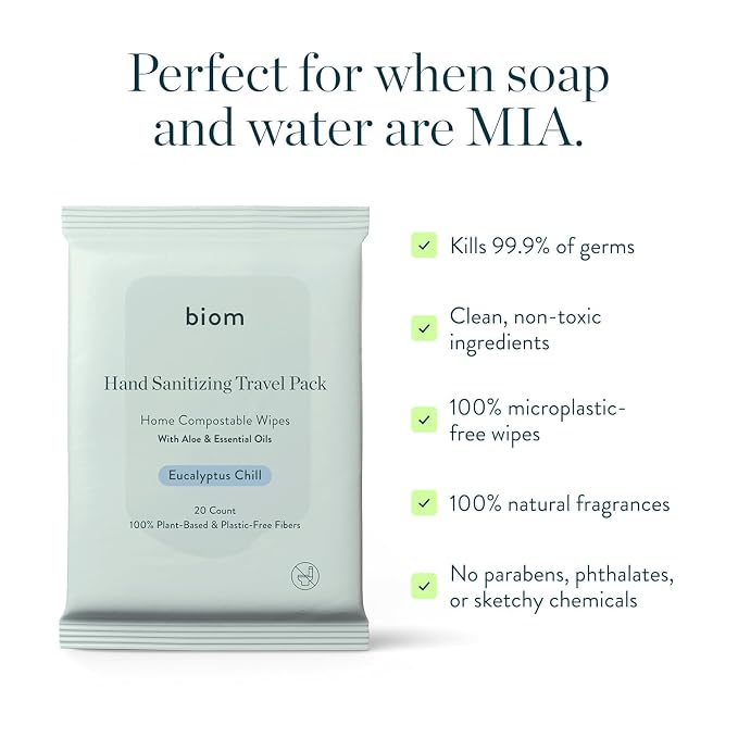 Biom Hand Sanitizing Wipes - Travel Size 24 pack(480 Wipes) 65% Ethanol Alcohol, Kills 99.9% of Germs, Removes Dirt & Grime, Made of Plant-Based & Plastic Free Fibers, Hypoallergenic -Eucalyptus Chill
