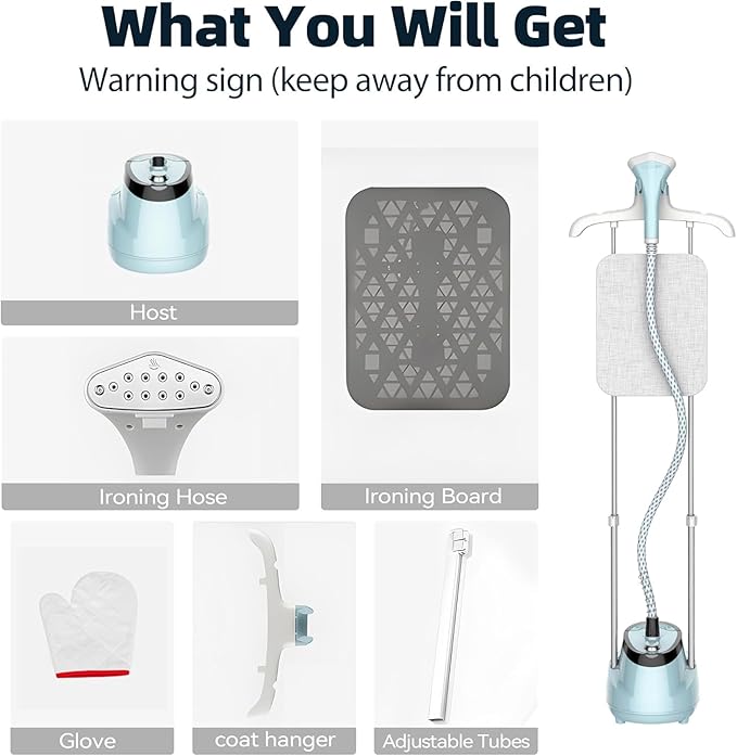Upright Steamer for Clothes 1350W Turbo Boiler Standing Garment Steamer 1.6L Water Tank 1h Continuous Steam Flat&Hanging Ironing Double Retractable Rod 10 Modes 30s Fast Preheat for all Fabrics