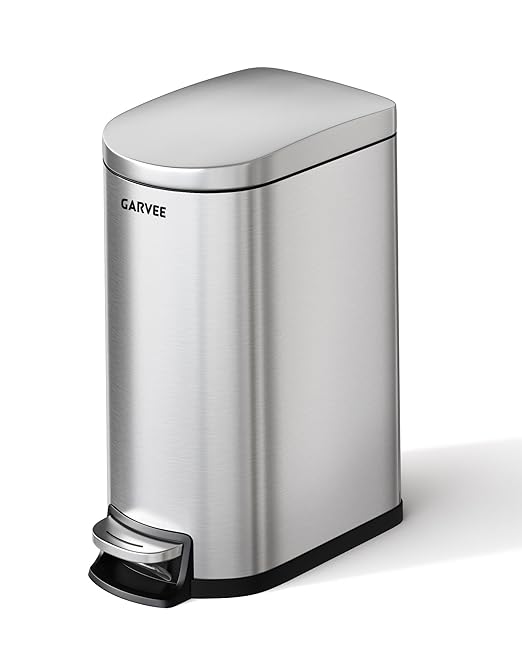 Garvee 2.6 gal / 10 L Stainless Steel Bathroom Trash Can with Lid, Slim Waterproof Garbage Can for Bedroom, Small Step-on Metal Trash Bin with Inner Bucket, Rear Handle, Soft Close Lid, Silver