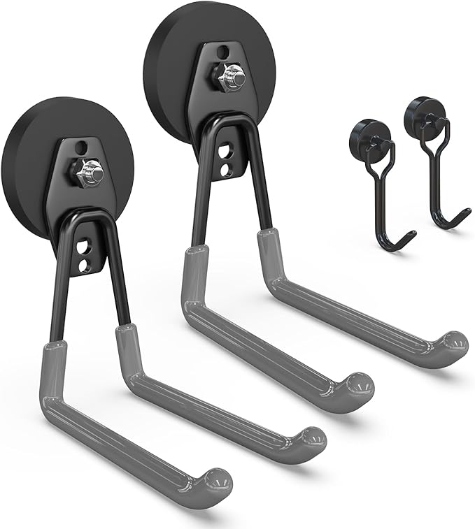 3-H Extra Strong Magnetic Hooks,Heavy Duty Large Anti-Slip Magnet Hooks U Shape,No-Drill Tool Holder for Garage,Power Drill,Garden Tools,Hose Storage,2 Pack Gray