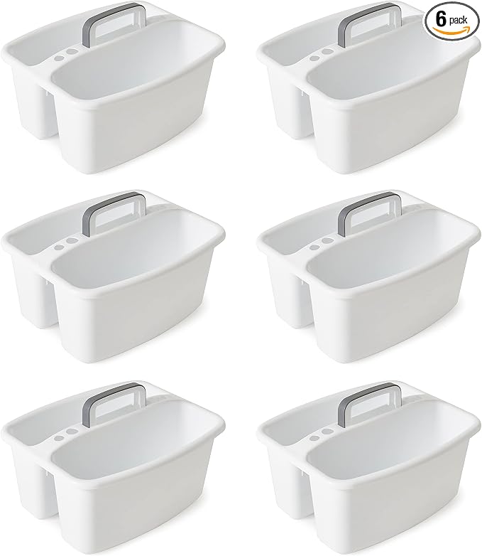 Gracious Living 6 Pack Storage Caddy, 2-Compartment Portable Plastic Tote with Handle for Cleaning Supplies, Craft Organization, & Makeup, White/Gray