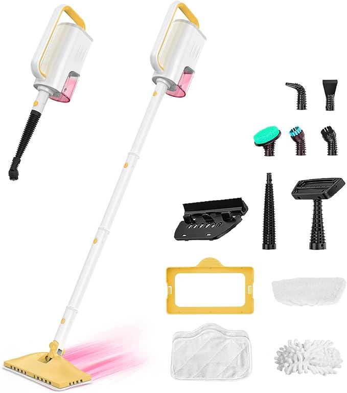F1 Steam Mops for Floor Cleaning,All-in-One Steam Cleaner for Home with 2 Levels Steam Mode,350ML Tank,23FT Cord, Detachable Handheld Steam Cleaner for Tile,Grout,Furniture,Carpet,Grill,Wall(Yellow)