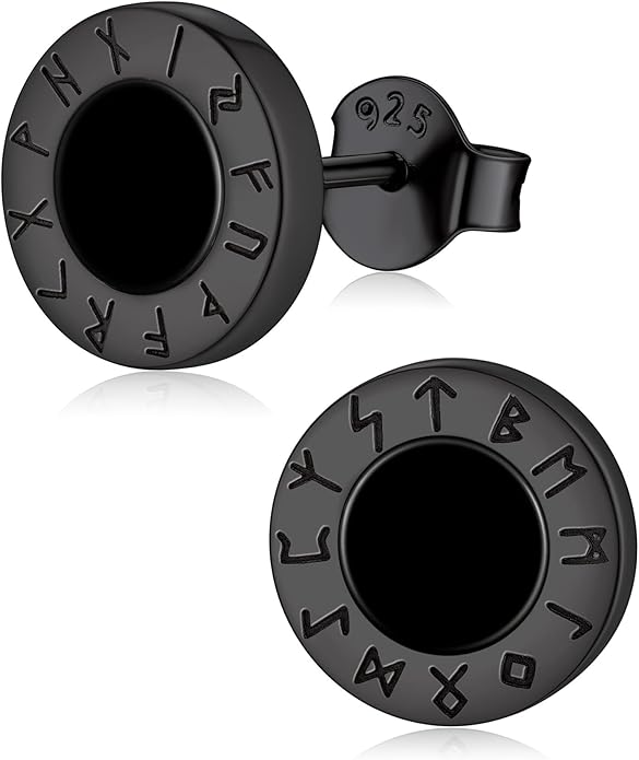 ChicSilver 925 Sterling Silver Viking Rune Natural Black Onyx Stud Earrings For Women Men