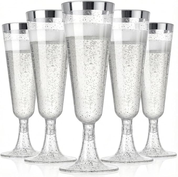 50 Pack Plastic Champagne Flutes 5.5oz Silver Glitter Rim Disposable Suitable for Wedding, Birthday Party, Thanksgiving Day, Christmas Supplies