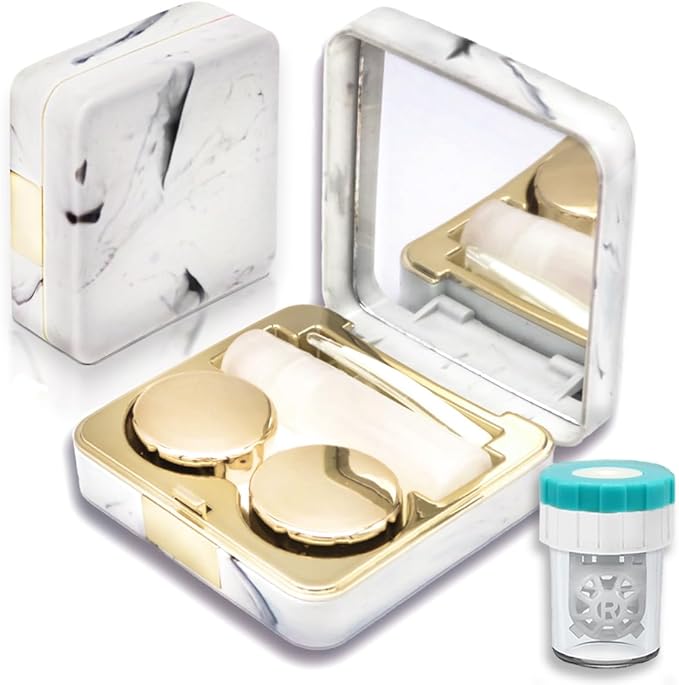 Vastsoon Contact Lens Case with Cleaner Washer, Portable Cute Eye Contacts Colored Lenses Applicator Remover Tool Kit with Mirror Solution Bottle Travel Size for Daily Outdoor Use(Square, Gold)