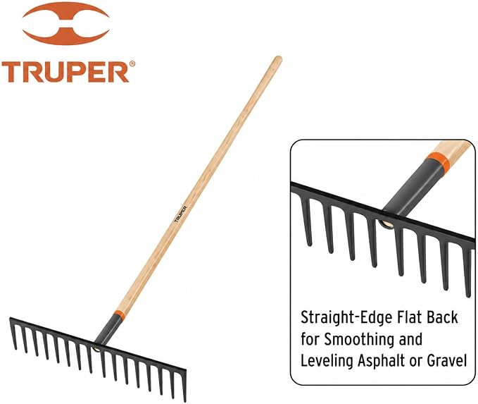 Truper 16-Tine Heavy-Duty Road Rake (Model 31390 / R-16MX) | 66-Inch Premium Ash Wood Long Handle, Professional Level Head Asphalt, Gravel, and Landscape Grading Tool
