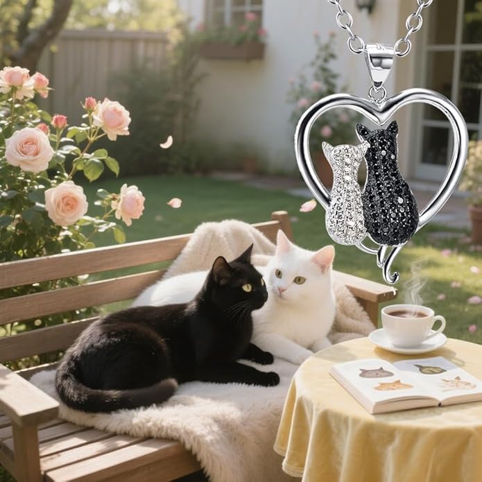 Two-tone 925 Sterling Silver Black and White Crystal Couple Cat Love Pendant Necklace, 18"