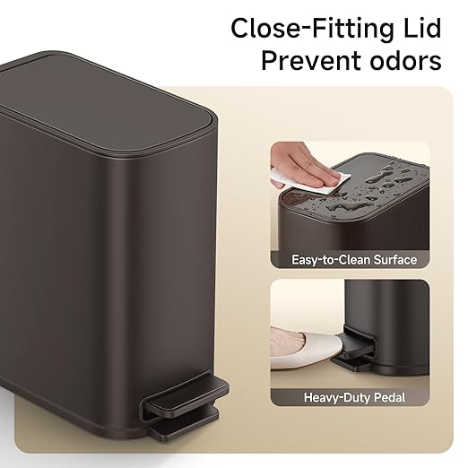 TIPGO Small Bathroom Trash Can with Lid Soft Close, Step Pedal, 1.3 Gallon / 5 Liter Stainless Steel Slim Garbage Can for Office, Diaper Waste Basket with Removable Inner Bucket (Brown)