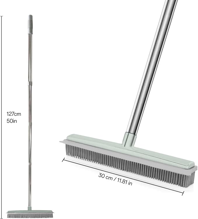Pet Hair Rubber Broom with Squeegee for Carpet,Fur Remover Broom Carpet Rake for Pet Hair Removal, with 50" Long Handle, Dual-Sided for Hardwood Floor, Tile,Portable Detailing Lint Brush