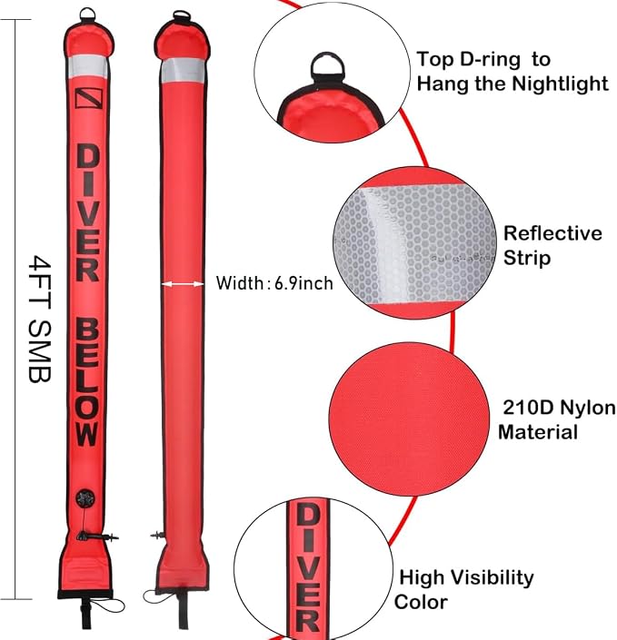 4ft Surface Marker Buoy, Hi-Vi Inflatable Scuba Signal Tube with Reflective Strip, Scuba Diving Open Bottom Float (SMB) for Underwater Diving Snorkeling