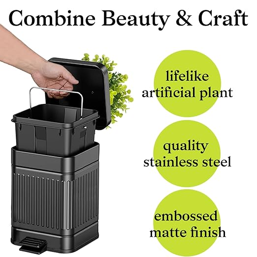 Tegneo Small Trash Can with Lid, Plant-Styled Outdoor Dog Poop Trash Can Outside, Farmhouse Retro Metal Garbage Can for Bathroom Office, Dog Waste Container with Pedal, Soft Close, 5L/1.3 Gal, Black