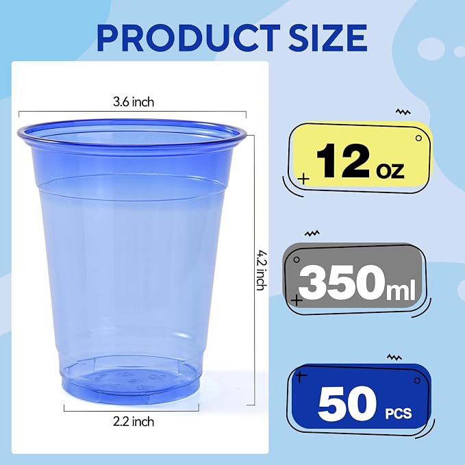 50 Pack Blue Clear Plastic Cups 12 oz Disposable Drinking Cups for Wedding Blue Birthday Party Supplies