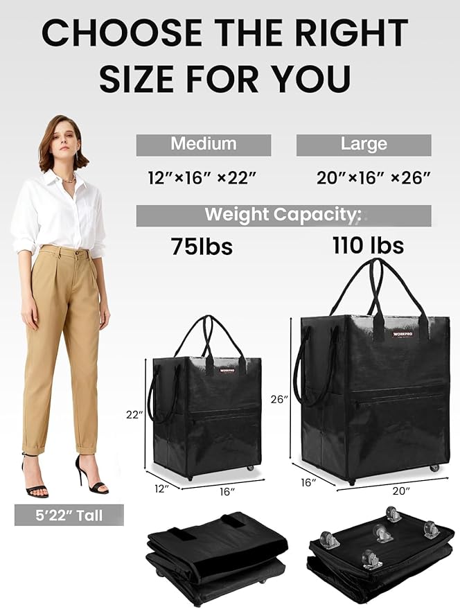 WORKPRO Large Rolling Grocery Bag, 36-Gallon Tote with 5 Wheels, 110 lbs Capacity, Dual Carry, Wide Zipper & Extra Storage for Shopping, Laundry & Moving