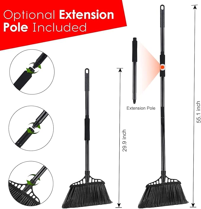 Tiumso Outdoor Broom for Floor Cleaning, Heavy Duty Brooms with 55" Long Handle, Angle Brooms for Concrete Courtyard Home Patio Kitchen Shop Lobby Patio Lawn - Black