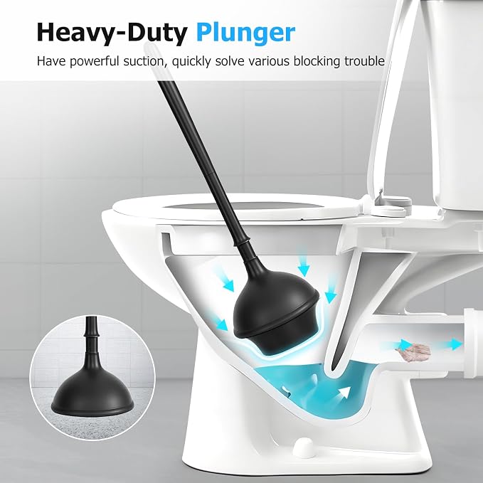 2Pack 2 in 1 Toilet Brush and Plunger Set, Bathroom Cleaning, Black | Extended Handle Plunger, Toilet Bowl Brush Plunger Set, Cleaning Tools, plunger and brush set,Stiff bristle toilet brush with