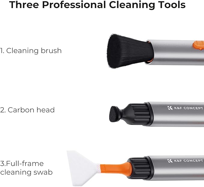 K&F CONCEPT Camera Cleaning Kit, 6 in 1 with Vacuum Cloth*2, Replaceable Cleaning Pen, Full Frame Cleaning Wand*2, Silicone Black Air Blow Compatible with Canon Nikon Cameras Cleaning Tool Accessories