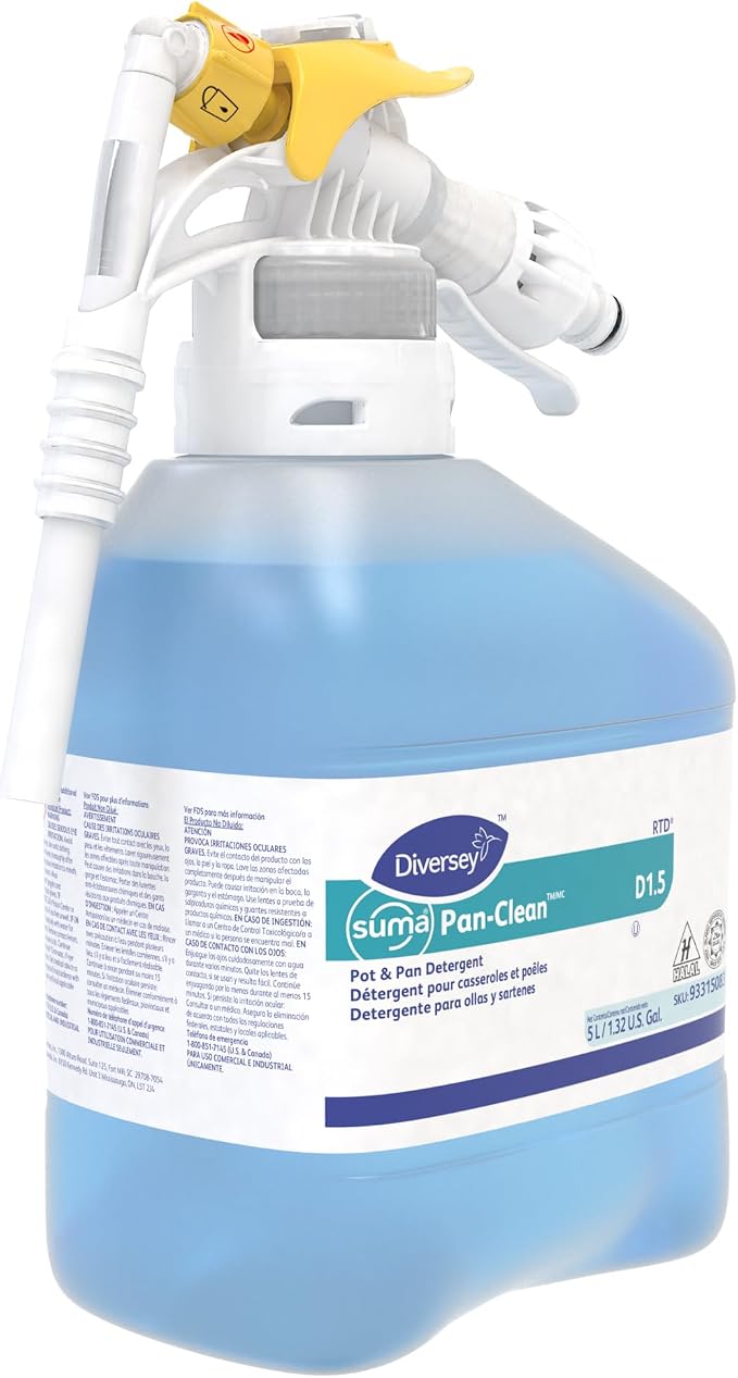 Diversey 93315083 SUMA Pan-Clean D1.5 General Purpose Pot & Pan Detergent, Highly Concentrated Dish Washing Soap with Fresh Floral Scent, Ready-to-Dispense (RTD), 5-Liter | Grease Removal, Food Soil Cleaning, Pots Pans Utensils, Hand Dishwashing, Conce...