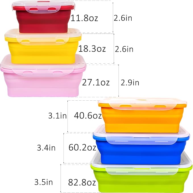 Set of 6 Collapsible Silicone Food Storage Containers With Lids, Durable, Meal Prep Foldable Bento Lunch Boxes for Kitchen, Camping, Microwave,Dishwasher and Freezer Safe, BPA Free
