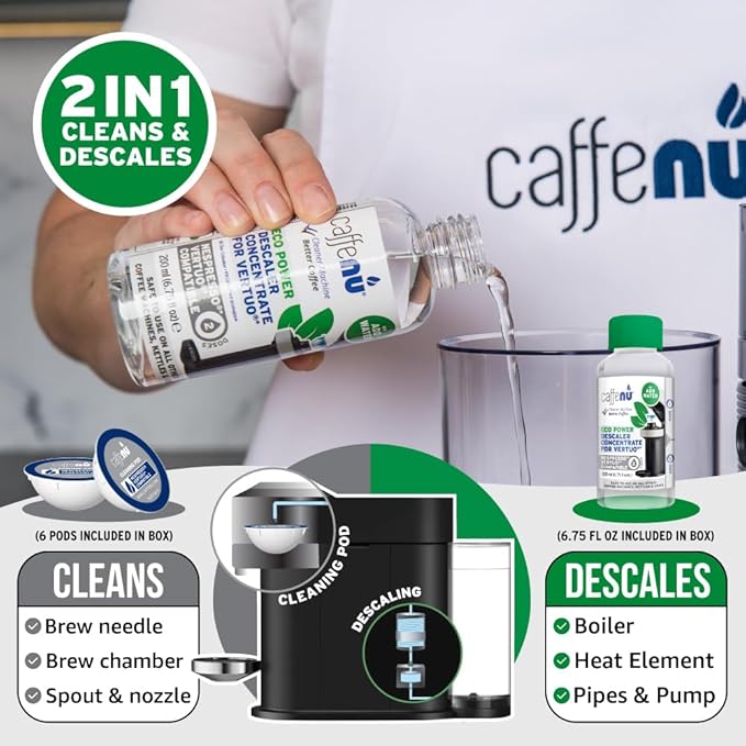 Caffenu Descaling Kit Compatible with Nespresso Vertuo, 2 Uses Descaling Solution and 6 Cleaner Pods. Removes Limescale & Cleans Pod Area. Better Tasting & Hotter Coffee. 4 Months Supply.
