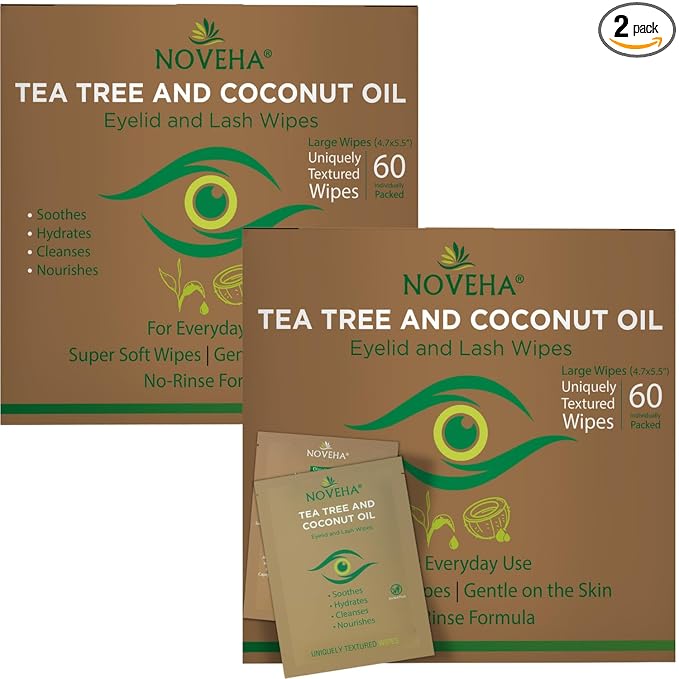 NOVEHA 120PCs Tea Tree & Coconut Oil Eyelid & Lash Wipes - For Demodex, Blepharitis & Itchy Eyes, Individually Wrapped Eyelash Wipes With Aloe Vera, Natural Makeup Remover & Daily Eye Cleanser - 2pack