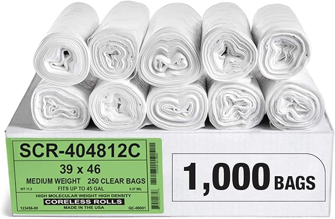 Aluf Plastics 45 Gallon 12 Micron (equiv) Clear Trash Bags - 39" x 46" For Home, Office, Bathroom, & Commercial (Pack of 1000)