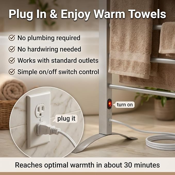 Pursonic TW300 Towel Warmer Rack for Bathroom – 6-Bar Electric Heated Towel Rack, Wall Mounted or Freestanding Setup, Plug-In Towel Dryer, Minimal Assembly Chrome-Plated