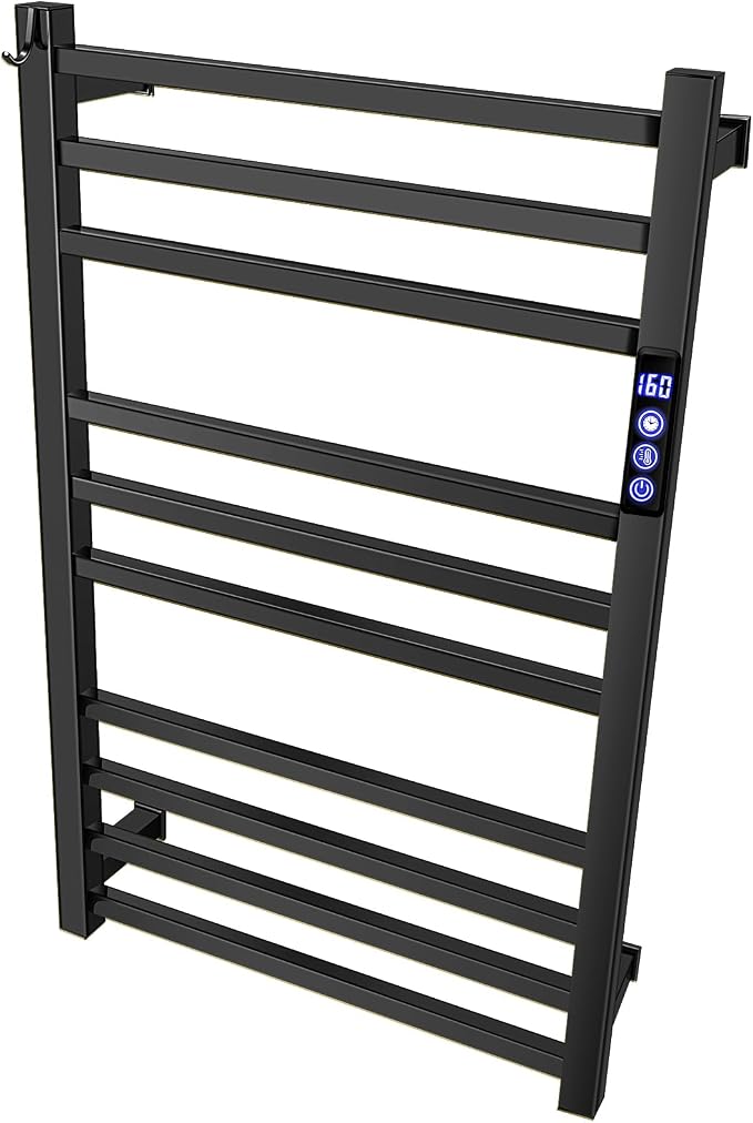 XBVV Black Towel Warmer Rack for Bathroom with Timer/Fahrenheit Display Electric Heated 10 Bars Drying Rail Plug-in or Hardwired Wall Mounted Heating Bath Towel Warming(Matte Black)