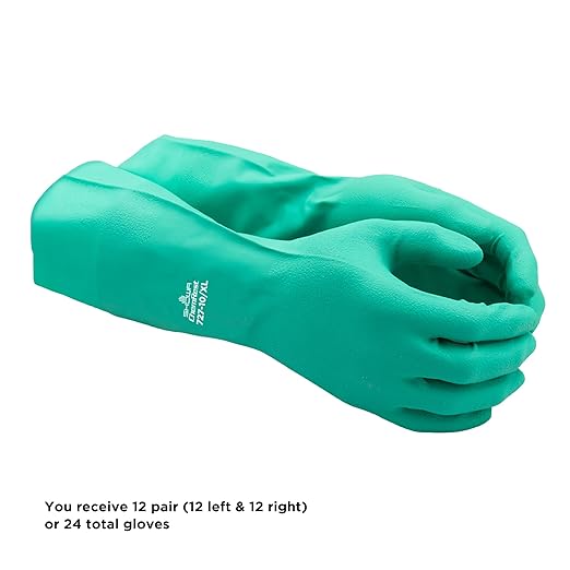 SHOWA 727 Chemical Resistant Gloves, 15-mil Unsupported Nitrile, 13-inch Extended Gauntlet, Bisque Grip, CE Cat III & Food Safe, Latex-Free, Green, Small, 12-Pack