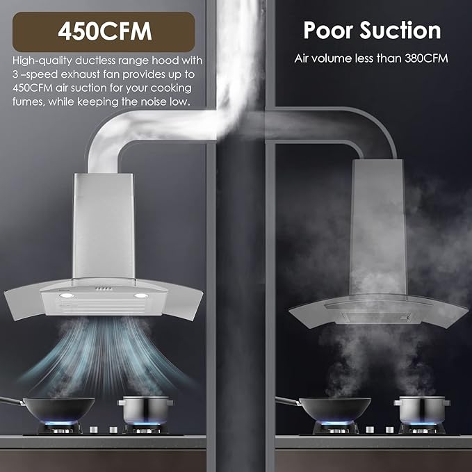 30 Inch Wall Mounted Curved Glass Range Hood with 450 CFM,Stainless Steel kitchen Ductless/Ducted Convertible with 3 Speed Controls,Permanent Baffle Filters and 2 LED Lights