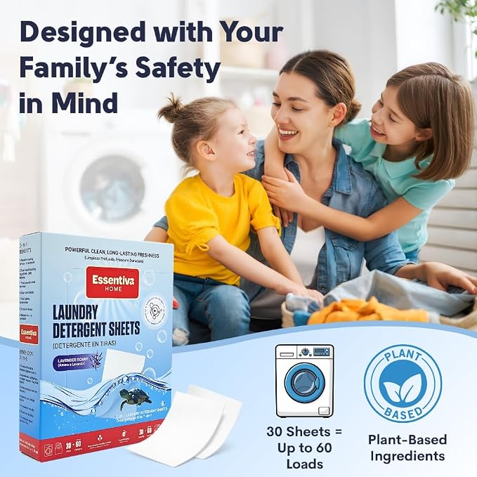 Laundry Detergent Sheets 180 Loads (3 Pack), 7-in-1 Eco-Friendly Lavender Laundry Sheets with Plant-Based Deep Clean, Fabric Softening, Color-Safe, Travel and Washer Friendly