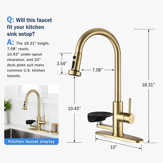 Kitchen Faucet with Glass Rinser for Sink, Pull Down Faucet with 3 Spray Modes and High Pressure Glass Rinser, Single Hole 2 in 1 High Arc Stainless Steel Kitchen Faucets (Brushed Golden)