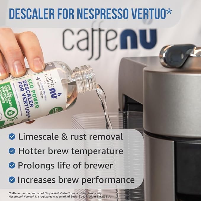Nespresso Compatible Descaling and Cleaning Kit. 2 Bottles of Nespresso Vertuo Descaler Solution. 4 Cleaning Pods