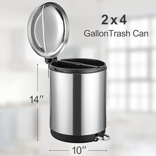 Fashionwu Trash Can, 2 x 4 Gallon (2 x 15 Liter) Stainless Steel Trash Can, Includes 2 Removable Inner Bins, Soft Close Lid Kitchen Recycling Bin, Suitable for Home, Office, Business, Silver