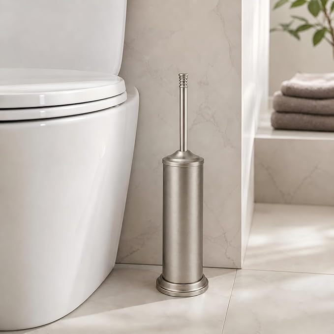 Nickel Toilet Brush and Holder Set，Extra Long Handled Toilet Bowl Brush and Holder，Stainless Steel Heavy Duty Toilet Brush for Bathroom,Deep Cleaning Modern Toilet Cleaner Slip Base