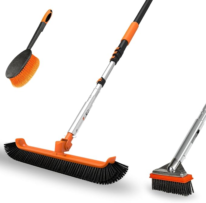 LAANPOLE 4-in-1 Pool Brush with Pole, Heavy Duty 18" Pool Brush Head, 5" Stainless Steel Brush and Hand-Held Pool Scrub Brush for Inground & Above Ground Pools, Pool Scrubber Brush with 12FT Pole