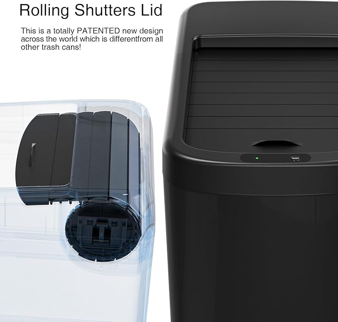 ELLO&ALLO Garbage Can Motion Sensor Trash Can 8 Gallon for Kitchen with Roll Up Lid, Automatic Touch Free High-Capacity with Wheels Black Waste Bin