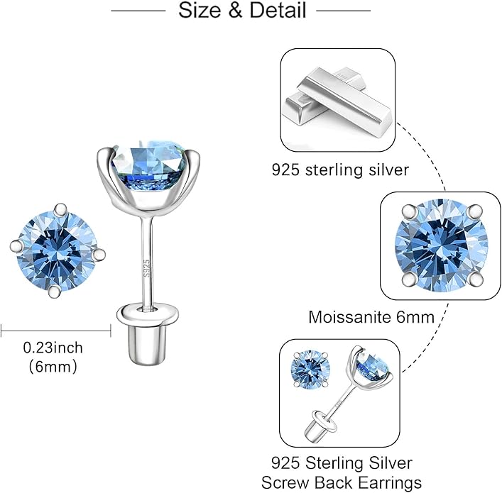 Moissanite Screw Back Earrings Studs - 0.2CT-4CT Moissanite Earrings for Women 925 Sterling Silver Piercing Real Colorful Moissan Hypoallergenic Jewelry Ear Stud Gifts