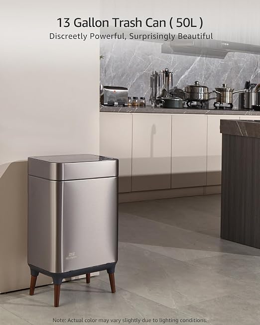 zyz Kitchen Trash Can 13 Gallon / 50L, Automatic Touchless Sensor Garbage Can with Butterfly Lid and Legs, USB 2400mAh Battery, Stainless Steel Soft-Close Trash Bin for Home (120 Count Trash Bags)