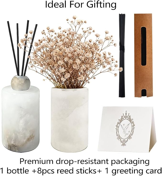 Marble Essential Oil Diffuser Bottle Empty Aromatherapy Reed Diffuser Fragrance Home Decor Bathroom Living Room Spas Gift Set Stone Roma Diffuser Jar (White, Cylindrical, 50, Milliliters)