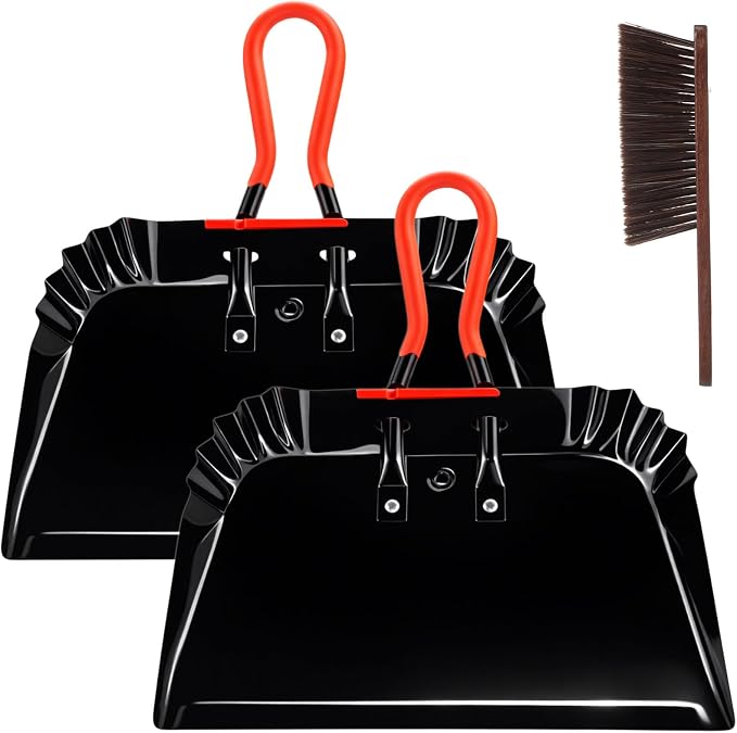 Pasimy 2 Pack 17" Metal Dust Pan and Brush Set, Large Heavy Duty Handheld Industrial Dustpan with Handle Debris Sweeping Tool Metal Edge Flat Against Floor for Outdoor Patio Yard Garage (Black)