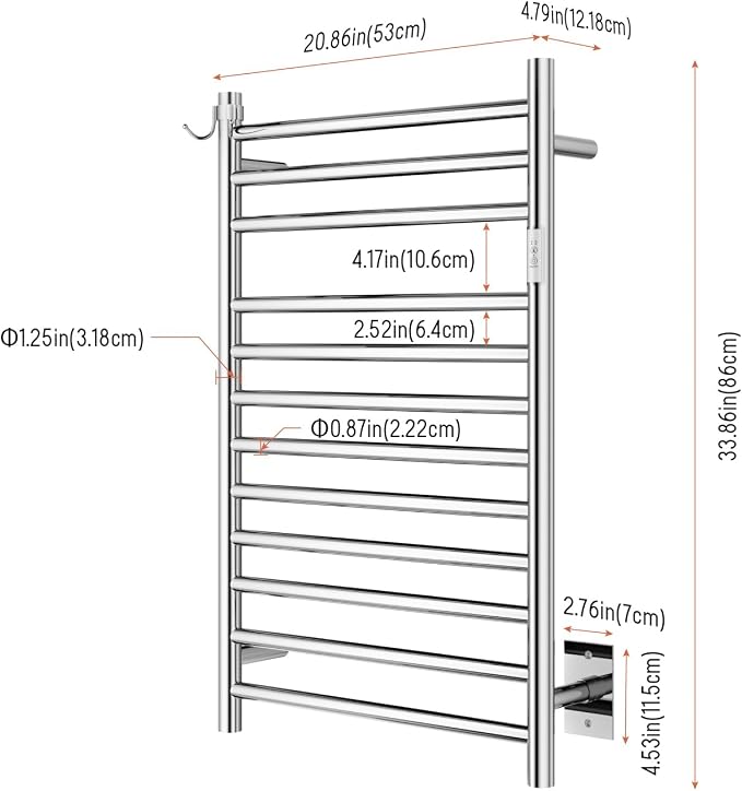 Wall Mounted Towel Warmer 12 Bars with Plug-in and Hardwired Options 3 Working Modes Mirror Polished Stainless Steel 21”W 34”H