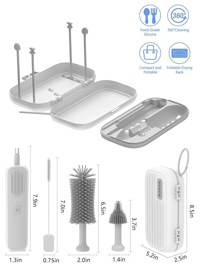 Electric Baby Bottle Brush Cleaner for Travel – BPA-Free Silicone, One-Button 360° Deep Cleaning, 2000mAh Rechargeable, Portable Bottle Cleaning Kit with Storage Box for Home & On-The-Go (Grey)
