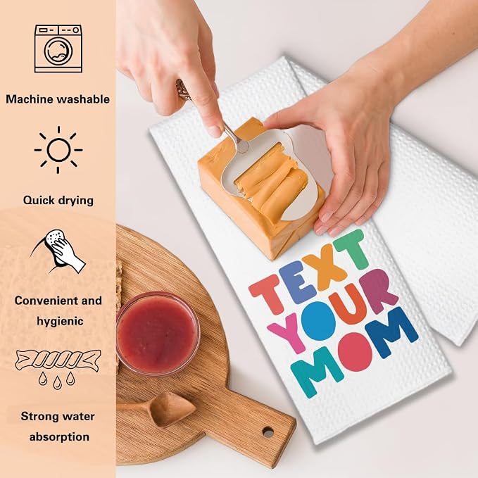 Text Your Mom Call Your Mom Funny Kitchen Towels 2 Pack, Sweet New House Gift for Hostess, Graduation Day Birthday Housewarming Gift for Son Daughter Wife Friends