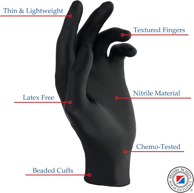 Henry Schein Criterion N200 Black Nitrile Exam Gloves – Latex-Free, Powder-Free, Chemo & Fentanyl-Tested, Textured Fingertips