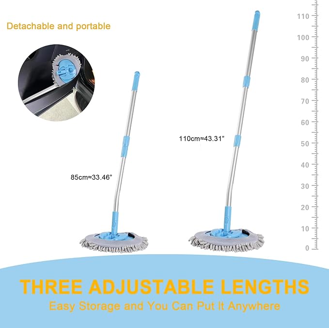 15° Curved Car Wash Brush with 43" Telescopic Handle, Microfiber Chenille Car Wash Mop for RV, SUV, Truck & Boat – Soft Scratch-Free Extendable Cleaning Tool (Light Blue&Silver Gray)