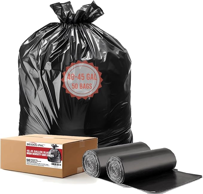 BEIDOU-PAC 40-45 Gallon Lawn & Leaf Trash Bags, 50 Count Bulk, Black Garbage bags, Multi-purpose Trash Can Bin Liners for Home Commercial, Outdoor, Construction, Industrial