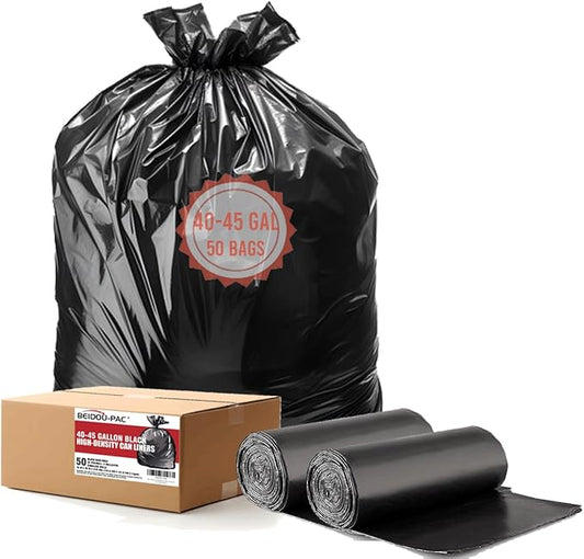 BEIDOU-PAC 40-45 Gallon Lawn & Leaf Trash Bags, 50 Count Bulk, Black Garbage bags, Multi-purpose Trash Can Bin Liners for Home Commercial, Outdoor, Construction, Industrial