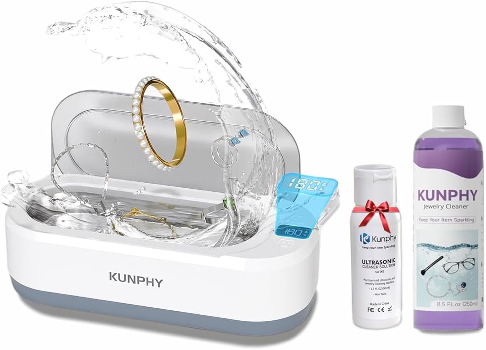 Upgraded KUNPHY Ultrasonic Jewelry Cleaner with 300ml Solution, 48KHZ, 12OZ Capacity, Ultrasonic Cleaner with 3 Digital Timer, Touch Control, Idea for Jewelry, Eyeglass, Rings, Diamond